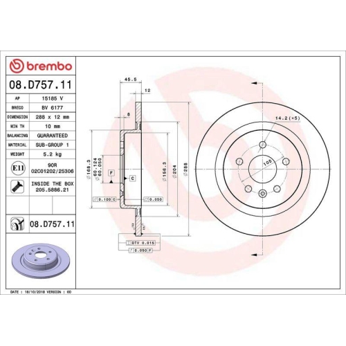 Set disc frana Opel Astra K (B16) 06.15-12.22, Astra K Box / Estate 11.15-, Astra K Box / Liftback 06.15-, Astra K Sports Tourer (B16) 11.15-12.22, Spate, 288X12mm, plin, BREMBO