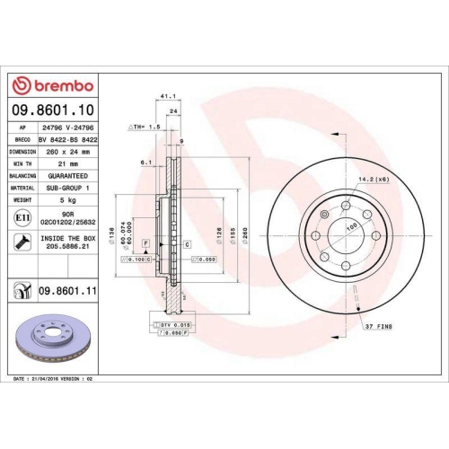 Set disc frana Opel Combo 10.01-12.11, Corsa C (X01) 09.00-12.12, Meriva A Mpv (X03) 05.03-05.10, Tigra Twintop (X04) 06.04-12.10, Fata, 260X24mm, ventilat, BREMBO
