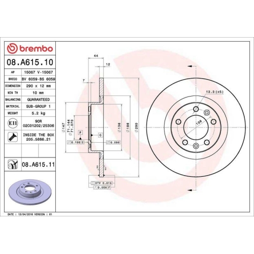 Set disc frana Peugeot 508 I (8d) 11.10-12.18, 508 Sw Box / Estate (8e) 11.11-, 508 Sw I (8e) 11.10-12.18, Spate, 290X12mm, plin, BREMBO