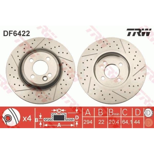 Set discuri frana Mini Mini (R50, Mini (R56), Mini Cabriolet (R52), Mini Clubman (R55), Mini Clubvan (R55), Mini Convertible (R57), Mini Coupe (R58), punte fata, 294x22, ventilat perforat, TRW