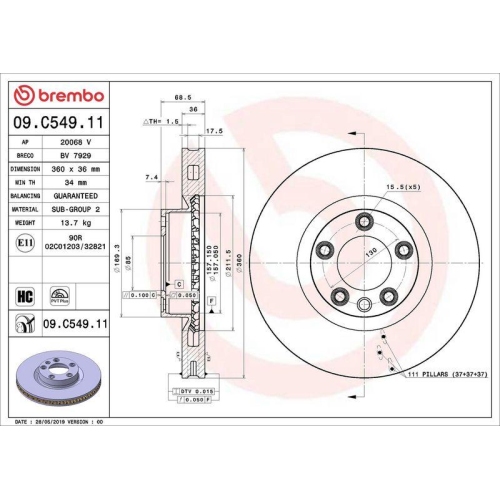Set disc frana Porsche Cayenne (92a) 05.10-; Vw Touareg (7p5 7p6) 01.10-12.18, Touareg Van (7p5) 01.10-12.18, Fata, 360X36mm, ventilat, BREMBO