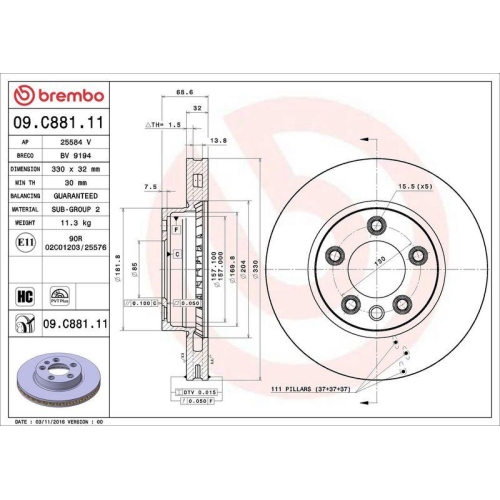 Set disc frana Porsche Cayenne (9pa) 09.02-12.10; Vw Touareg (7la 7l6 7l7) 10.02-01.13, Touareg (7p5 7p6) 01.10-12.18, Touareg Van (7p5) 01.10-12.18, Fata, 330X32mm, ventilat, BREMBO
