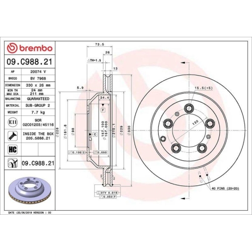 Set disc frana Porsche Cayenne (9ya) 05.17-, Cayenne Coupe (9yb) 01.19-, Spate, 330X26mm, ventilat, BREMBO