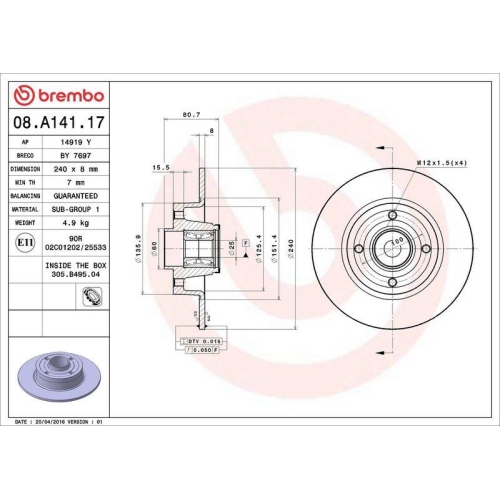 Set disc frana Renault Clio 3 (Br0/1 Cr0/1) 01.05-12.14 , Megane 2 (Bm0/1 Cm0/1) 07.01-10.12, Megane 2 Box / Estate (Km) 08.03-07.09, Megane 2 Coupe-Cabriolet (Em0/1) 09.03-03.10, Megane 2 Estate (Km0/1) 08.03-08.12, Megane 2 Hatchback Van (Km0/2) 08.03-0