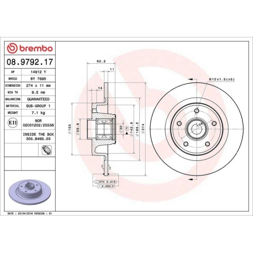 Set disc frana Renault Grand Scenic 2 (Jm0/1) 04.04-06.09, Laguna 2 (Bg0/1) 03.01-12.07, Laguna 2 Grandtour (Kg0/1) 03.01-12.07, Spate, 274X11mm, plin, BREMBO