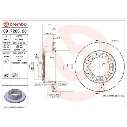 Set disc frana Renault Mascott Box (Fh) 01.99-06.04, Mascott Box 01.99-12.10, Mascott (Uh Hh) 01.99-06.05, Mascott Platform / Chassis 01.99-12.13, Master Pro Box (Fh) 05.04-04.10, Spate, 290X22mm, ventilat, BREMBO