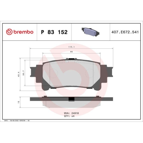 Placute frana Lexus Rx ( L1) 12.08-12.15; Toyota Highlander / Kluger ( U5) 12.13-03.21, Mirai (Jpd1) 12.14-05.20, Prius Plus ( W4) 05.11-, Sienna ( L3) 01.10-, Spate, BREMBO