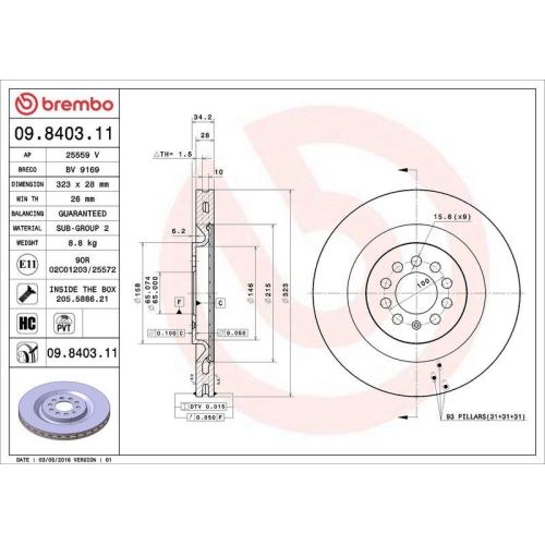 Set disc frana Seat Leon (1m1) 11.99-06.06, Fata, 323X28mm, ventilat, BREMBO