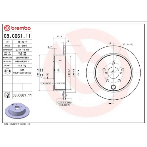 Set disc frana Subaru Forester (Sj) 11.12-, Impreza Liftback (Gp) 10.11-, Impreza Sedan (Gj) 07.11-, Xv ( Gp) 09.11-, Xv (Gt) 04.17-, Spate, 274X10mm, plin, BREMBO