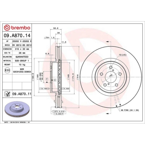 Set disc frana Subaru Forester (Sj) 11.12-, Legacy 4 (Bl) 09.03-12.15, Legacy 4 Estate (Bp) 09.03-12.09, Legacy 5 (Bm) 05.09-, Legacy 5 Estate (Br) 06.08-12.14, Outback (Br) 06.09-, Fata, 316X30mm, ventilat, BREMBO
