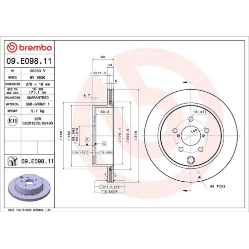 Set disc frana Subaru Forester (Sj) 11.12-, Spate, 278X18mm, ventilat, BREMBO