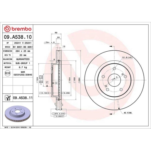 Set disc frana Suzuki Grand Vitara I (Ft Ht) 03.98-08.08, Grand Vitara 2 (Jt Te Td) 04.05-, Fata, 294X25mm, ventilat, BREMBO