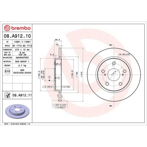 Set disc frana Toyota Auris ( E15) 10.06-09.12, Auris ( E18) 10.12-12.18, Auris Estate ( E18) 07.13-12.18, Corolla Saloon ( E18 Zre1) 06.13-02.21, Corolla Sedan ( E15) 10.06-12.18, Spate, 270X10mm, plin, BREMBO