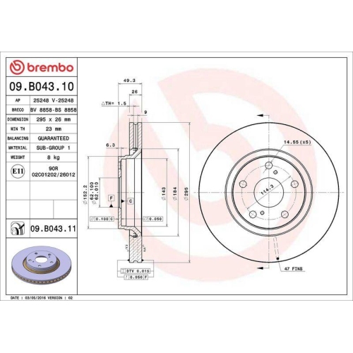 Set disc frana Toyota Auris ( E18) 10.12-12.18, Auris Estate ( E18) 07.13-12.18, Avensis Estate ( T27) 11.08-10.18, Avensis Sedan ( T27) 11.08-10.18, Verso ( R2) 04.09-08.18, Verso Van ( R2) 04.09-08.18, Fata, 295X26mm, ventilat, BREMBO