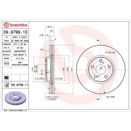 Set disc frana Toyota Avensis ( T25) 04.03-11.08, Avensis Estate ( T25) 04.03-11.08, Avensis Sedan ( T25) 01.03-11.08, Fata, 277X26mm, ventilat, BREMBO