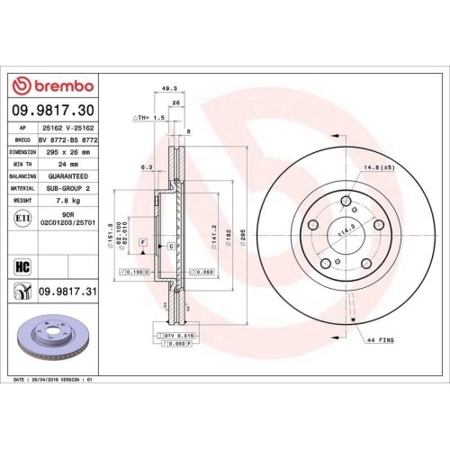 Set disc frana Toyota Avensis ( T25) 04.03-11.08, Avensis Estate ( T25) 04.03-11.08, Avensis Sedan ( T25) 01.03-11.08, Fata, 295X26mm, ventilat, BREMBO