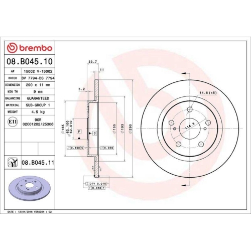 Set disc frana Toyota Avensis Estate ( T27) 11.08-10.18, Avensis Sedan ( T27) 11.08-10.18, Spate, 290X11mm, plin, BREMBO