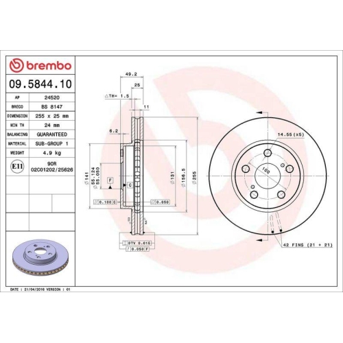 Set disc frana Toyota Carina E 6 ( T19) 04.92-09.97, Carina E 6 Saloon ( T19) 04.92-09.97, Carina E 6 Sportswagon ( T19) 02.92-09.97, Celica ( T20) 09.93-11.99, Celica Coupe ( T23) 08.99-03.06, Fata, 255X25mm, ventilat, BREMBO