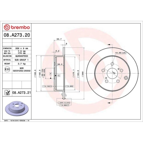 Set disc frana Toyota Celica Coupe ( T23) 08.99-03.06, Matrix ( E13) 01.02-12.07, Prius Liftback ( W2) 09.03-01.10, Spate, 269X9mm, plin, BREMBO