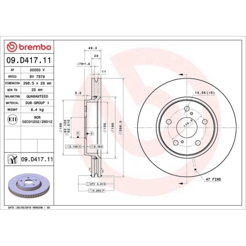 Set disc frana Toyota C-Hr ( X1) 10.16-, C-Hr Van ( X1) 10.16-, Corolla Estate ( E21) 02.19-, Corolla Liftback ( E21 Ea1 Eh1) 10.18-, Fata, 299X28mm, ventilat, BREMBO