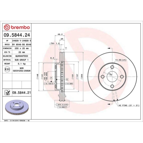 Set disc frana Toyota Corolla E12) 01.01-04.08, Corolla Estate ( E12) 03.01-12.08, Corolla Sedan ( E12) 08.00-12.08, Corolla Verso ( E12) 07.01-05.07, Fata, 255X25mm, ventilat, BREMBO