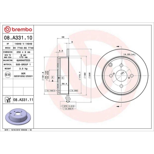 Set disc frana Toyota Corolla E12) 01.01-04.08, Corolla Estate ( E12) 03.01-12.08, Corolla Sedan ( E12) 08.00-12.08, Spate, 258X9mm, plin, BREMBO