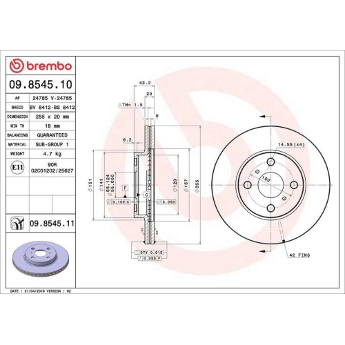 Set disc frana Toyota Mr2 3 (Zzw3) 10.99-06.07, Yaris ( P1) 01.99-12.05, Yaris Verso ( P2)) 08.99-09.05, Yaris Verso Van ( P2) 03.00-09.05, Fata, 255X20mm, ventilat, BREMBO