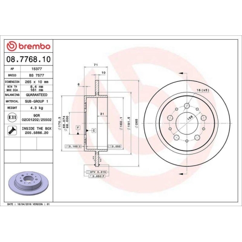 Set disc frana Volvo 780 (782) 04.86-11.90, 940 Estate (945) 08.90-10.95, 940 2 (944) 08.94-12.98, 940 2 Estate (945) 09.90-10.98, 960 (964) 08.90-07.94, S90 I (964) 11.96-12.98, V90 I Estate (965) 11.96-12.98, Spate, 265X10mm, plin, BREMBO