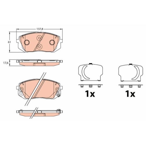 Set placute frana fata TRW, Hyundai I40 (Vf), 03.12-, I40 Cw (Vf), 07.11-, Ix35, 08.09-, Tucson (TL, TLE), 05.2015-; Kia Sportage (Ql, Qle), 09.2015-, Fata; Fata; puntea fata; puntea fata; Sistem de franare : 17&quot;; Sistem de franare : 18&quot;