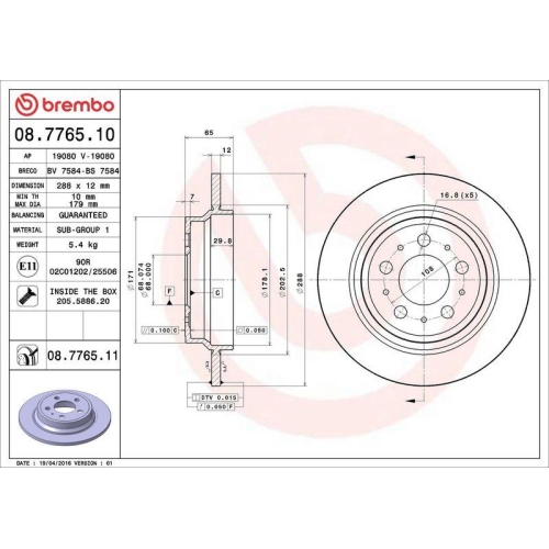 Set disc frana Volvo S60 I (384) 07.00-04.10, S70 (874) 11.96-11.00, S80 I (184) 05.98-02.08, V70 I (875 876) 12.95-12.00, V70 2 (285) 11.99-12.08, Xc70 I Cross Country (295) 10.97-10.07, Spate, 288X12mm, plin, BREMBO