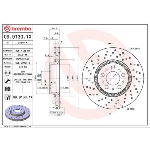 Set disc frana Volvo S60 I (384) 07.00-04.10, S80 I (184) 05.98-02.08, V70 I (875 876) 12.95-12.00, V70 2 (285) 11.99-12.08, Xc70 I Cross Country (295) 10.97-10.07, Fata, 305X28mm, ventilat, BREMBO