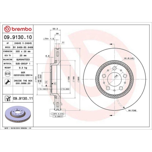Set disc frana Volvo S60 I (384) 07.00-04.10, S80 I (184) 05.98-02.08, V70 I (875 876) 12.95-12.00, V70 2 (285) 11.99-12.08, Xc70 I Cross Country (295) 10.97-10.07, Fata, 305X28mm, ventilat, BREMBO