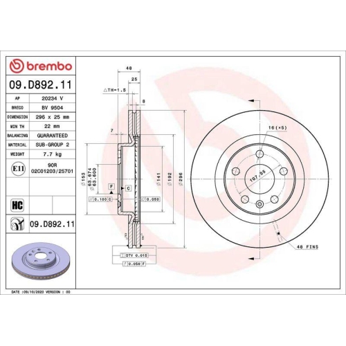 Set disc frana Volvo Xc40 (536) 10.17-, Fata, 296X25mm, ventilat, BREMBO