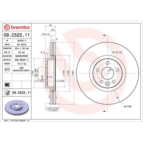 Set disc frana Volvo Xc60 I Suv (156) 05.08-12.17, Xc60 I Van (156) 05.08-12.17, Fata, 324X28mm, ventilat, BREMBO