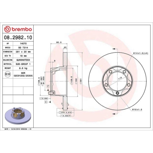 Set disc frana Vw Lt 28-35 I Box (281-363) 04.75-06.96, Lt 28-35 I Bus (281-363) 04.75-06.96, Lt 28-35 I (281-363) 04.75-06.96, Lt 40-55 I Box (291-512) 04.75-06.96, Lt 40-55 I (293-909) 04.75-06.96, Fata, 281X20mm, plin, BREMBO