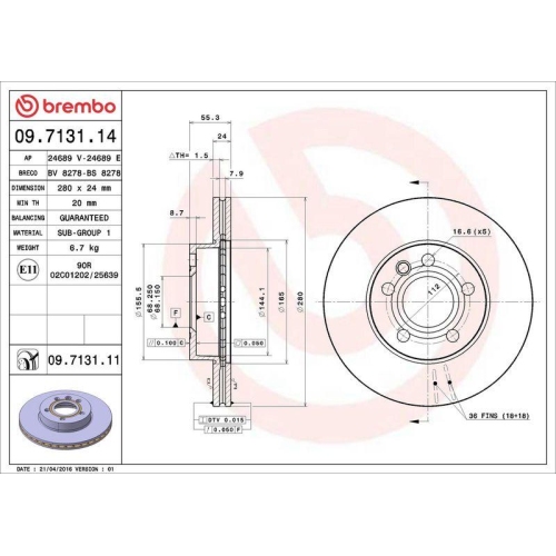 Set disc frana Vw Transporter T4 Box (70a 70h 7da 7dh) 07.90-04.03, Transporter T4 Bus (70b 70c 7db 7dk 70j 70k 7dc 7) 09.90-08.04, Transporter T4 (70e 70l 70m 7de 7dl) 07.90-04.03, Fata, 280X24mm, ventilat, BREMBO