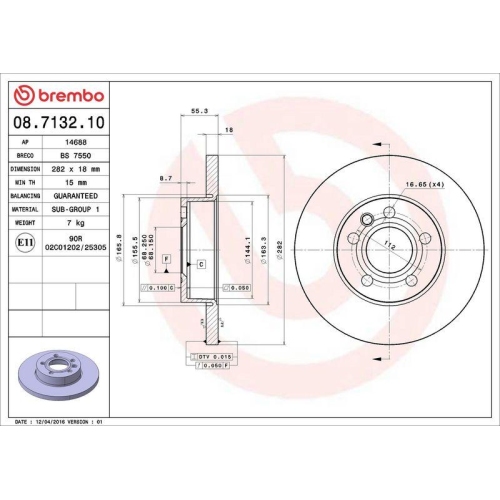 Set disc frana Vw Transporter T4 Box (70a 70h 7da 7dh) 07.90-04.03, Transporter T4 Bus (70b 70c 7db 7dk 70j 70k 7dc 7) 09.90-08.04, Transporter T4 (70e 70l 70m 7de 7dl) 07.90-04.03, Fata, 282X18mm, plin, BREMBO