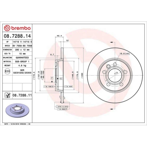 Set disc frana Vw Transporter T4 Box (70a 70h 7da 7dh) 07.90-04.03, Transporter T4 Bus (70b 70c 7db 7dk 70j 70k 7dc 7) 09.90-08.04, Transporter T4 (70e 70l 70m 7de 7dl) 07.90-04.03, Spate, 280X12mm, plin, BREMBO