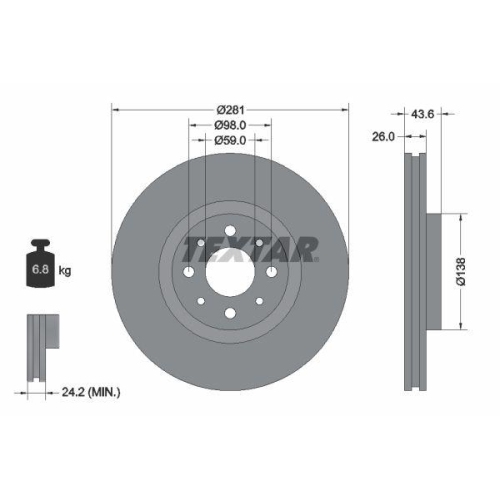 Set disc frana Alfa Romeo Mito (955) 08.08-10.18; Fiat Bravo 2 (198) 11.06-12.16, Stilo (192) 10.01-11.10, Stilo Multi Estate (192) 01.03-08.08, Stilo Van (192) 10.01-08.08; Lancia Delta 3 (844) 08.08-08.14, Fata, 281X26mm, ventilat, TEXTAR
