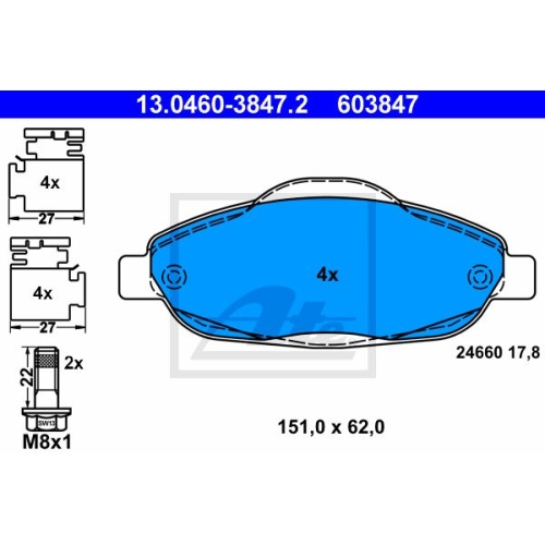 Set placute frana punte fata Peugeot 3008, 2009-2017; 308, 2007-2013; 308 CC, 2009-2015; ATE 13.0460-3847.2