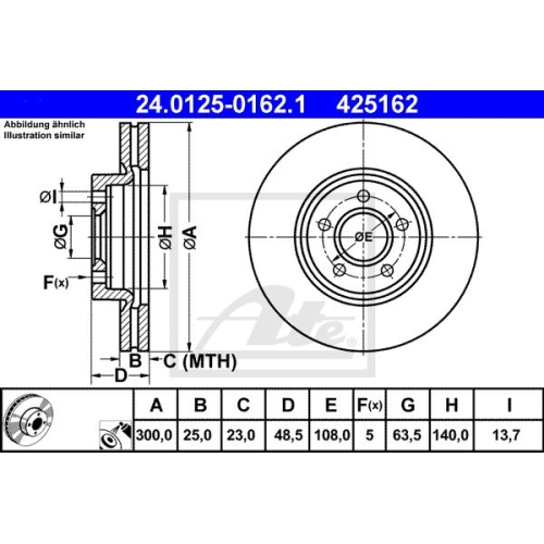 Disc frana Ford C-Max, 02.2007-09.2010, Focus 2, 07.2004-09.2012, Focus 3, 07.2010-, Kuga 1, 03.2008-, Volvo C30, C70, V40, V50, ATE