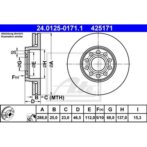 Disc frana Skoda Superb, 12.2001-03.2008, Passat, 08.1996-12.2001, ATE