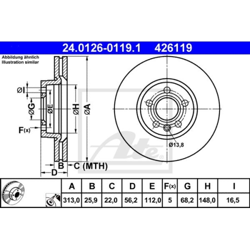 Disc frana Ate 24012601191, parte montare : Punte fata