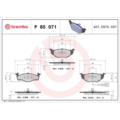 Placute frana Skoda Fabia I (6y2) 08.99-03.08 , Fabia 2 (542) 12.06-12.14 , Roomster Praktik (5j) 03.07-05.15; Vw Polo (9n 9a) 10.01-10.14, Fata, BREMBO