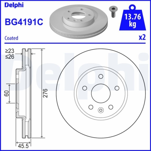 Set discuri frana fata DELPHI, Chevrolet Cruze, 2009-; Opel Astra J (P10), 09.2009-10.2015, Fata; puntea fata; Sistem de franare : diametru roata 15 inch