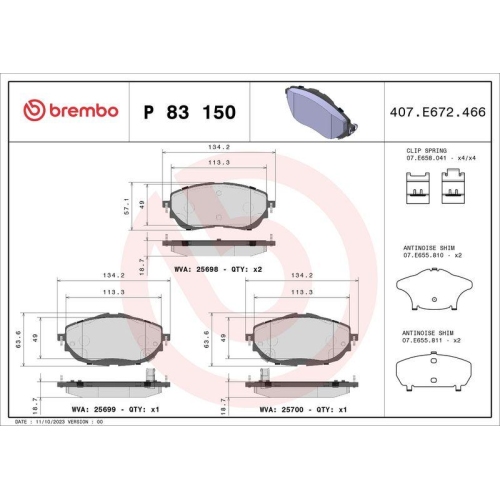 Placute frana Toyota Auris ( E18) 10.12-12.18, Auris Estate ( E18) 07.13-12.18, Corolla Saloon ( E18 Zre1) 06.13-02.21, Corolla Sedan ( E15) 10.06-12.18, Fata, BREMBO