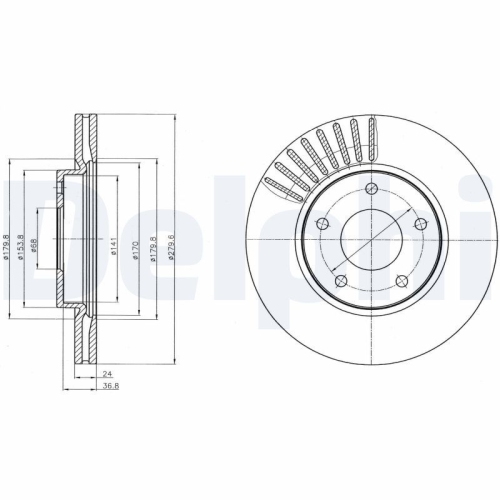 Set discuri frana fata DELPHI, Nissan Juke (F15), 06.2010-, Pulsar Liftback (C13), 08.12-, Fata; puntea fata