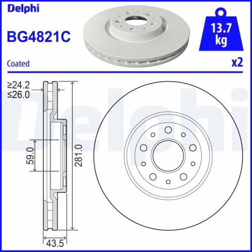 Set discuri frana fata DELPHI, Fiat Tipo Combi (356 ), 03.2016-, Tipo Liftback (356 ), 03.2016-, Tipo Limuzina (356 ), 10.2015-, Fata; puntea fata