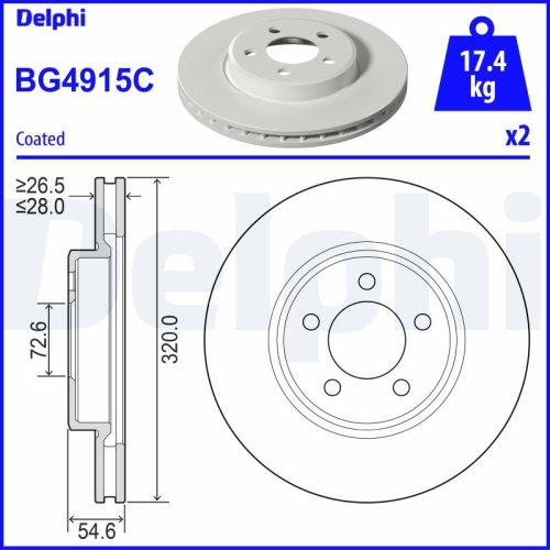 Set discuri frana fata DELPHI, Chrysler 300 C (Lx, Le), 09.2004-, 300 C Touring (Lx, Le), 09.2004-12.2010, 300c, 09.10-, Fata; puntea fata