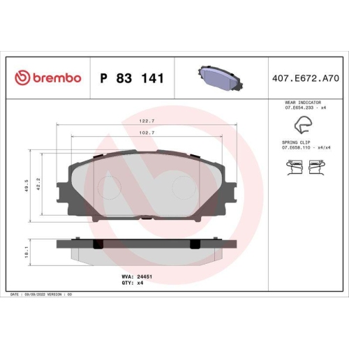 Placute frana Toyota Yaris ( P13) 12.10-06.20, Yaris ( P9) 01.05-12.14, Yaris / Vios Sedan ( P9) 08.05-12.13, Yaris Box / Liftback ( P13) 10.12-06.20, Fata, BREMBO